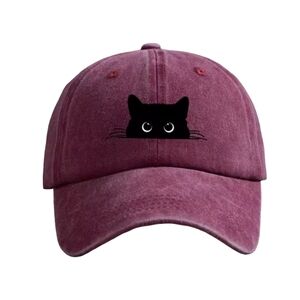 Cat Hat Embroidered cat Burgundy Wine Black Cat Adjustable Unisex Cap